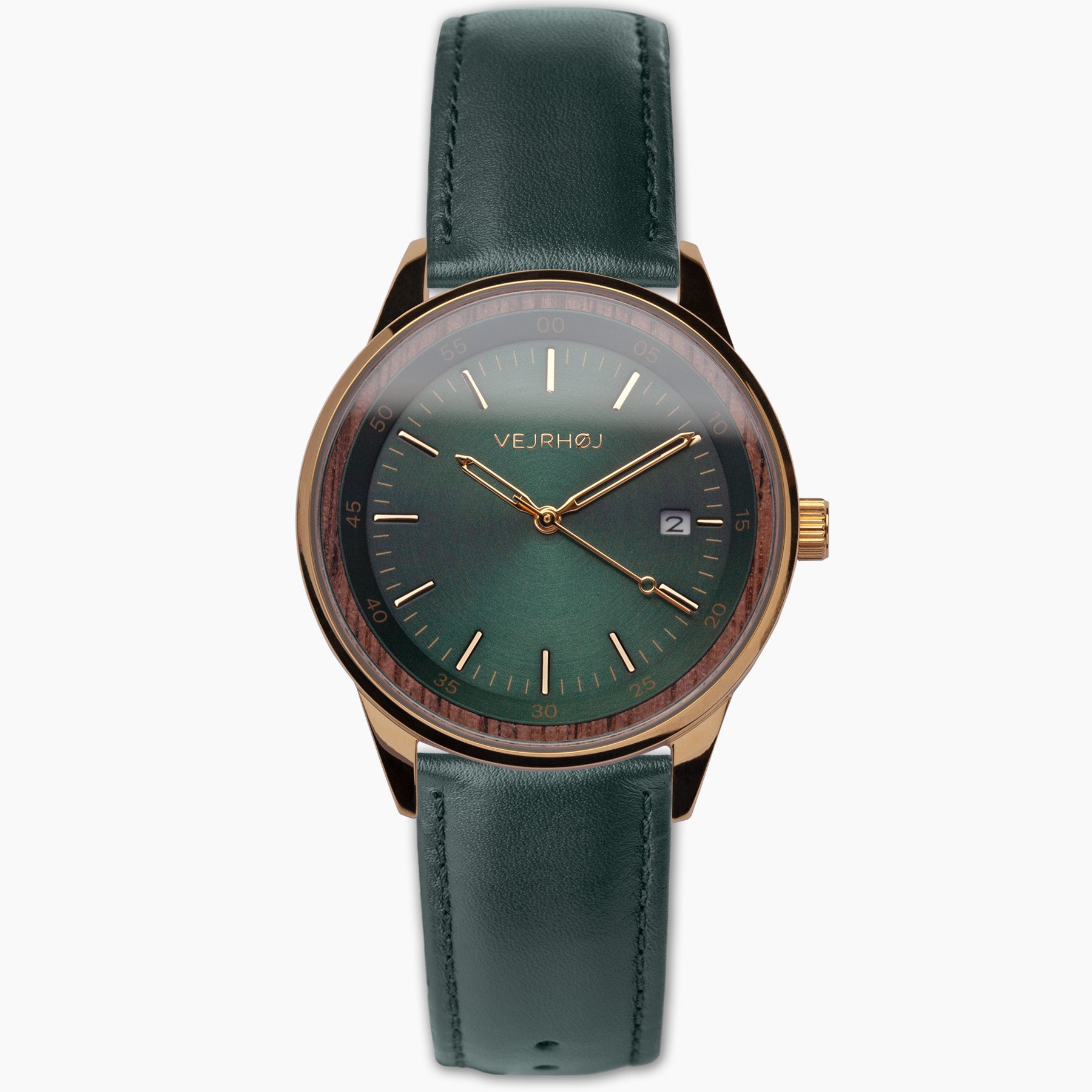 VERJHØJ wristwatch with green leather strap and dark green face on a white background