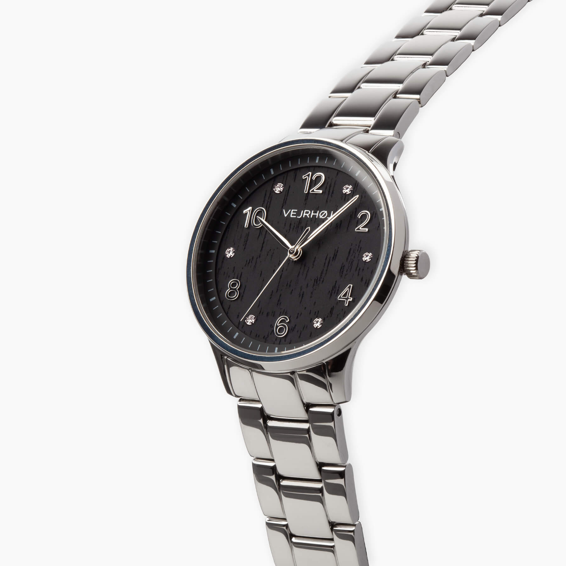 VEJRHØJ Petite Royal Black, engraving on back cover indicating Japan movement and 5ATM water resistance and metal bracelet joint