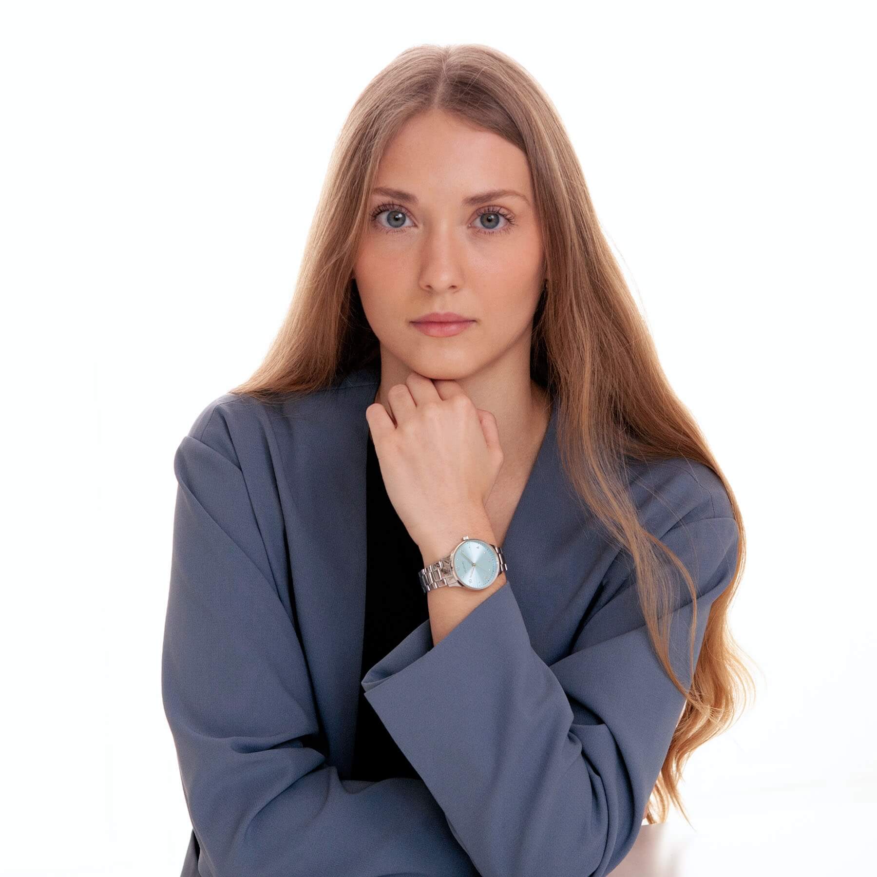 elegant blue watch on a female model
