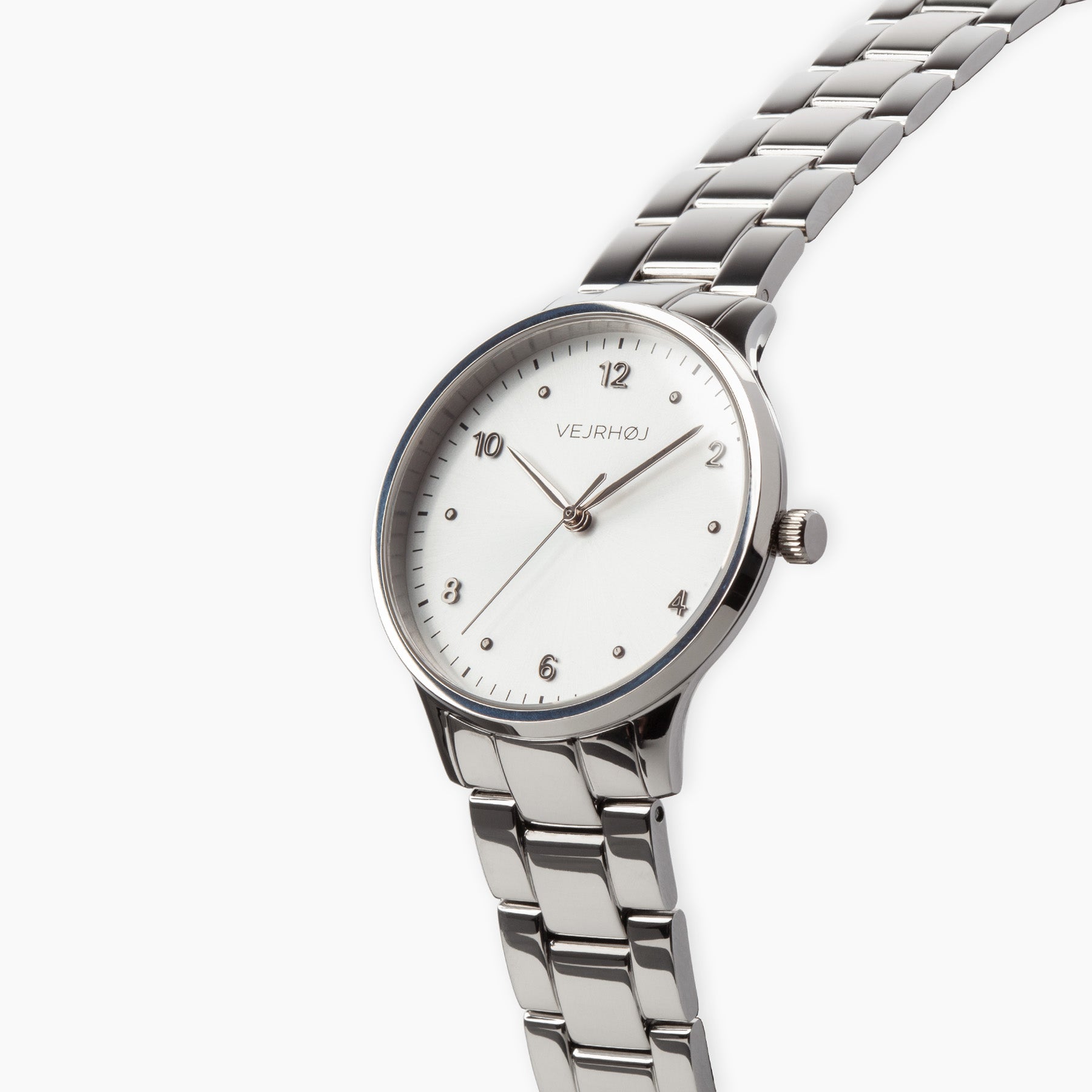 VEJRHØJ Petite Royal Silver, Scandinavian design watch with sunray-finished silver dial and stainless steel bracelet