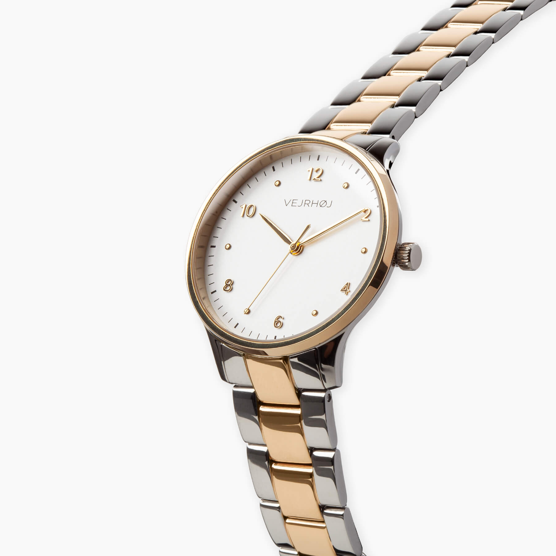 VEJRHØJ's Petite Royal Gold, a women's watch with a two-tone metal belt and white dial with elegant gold accents