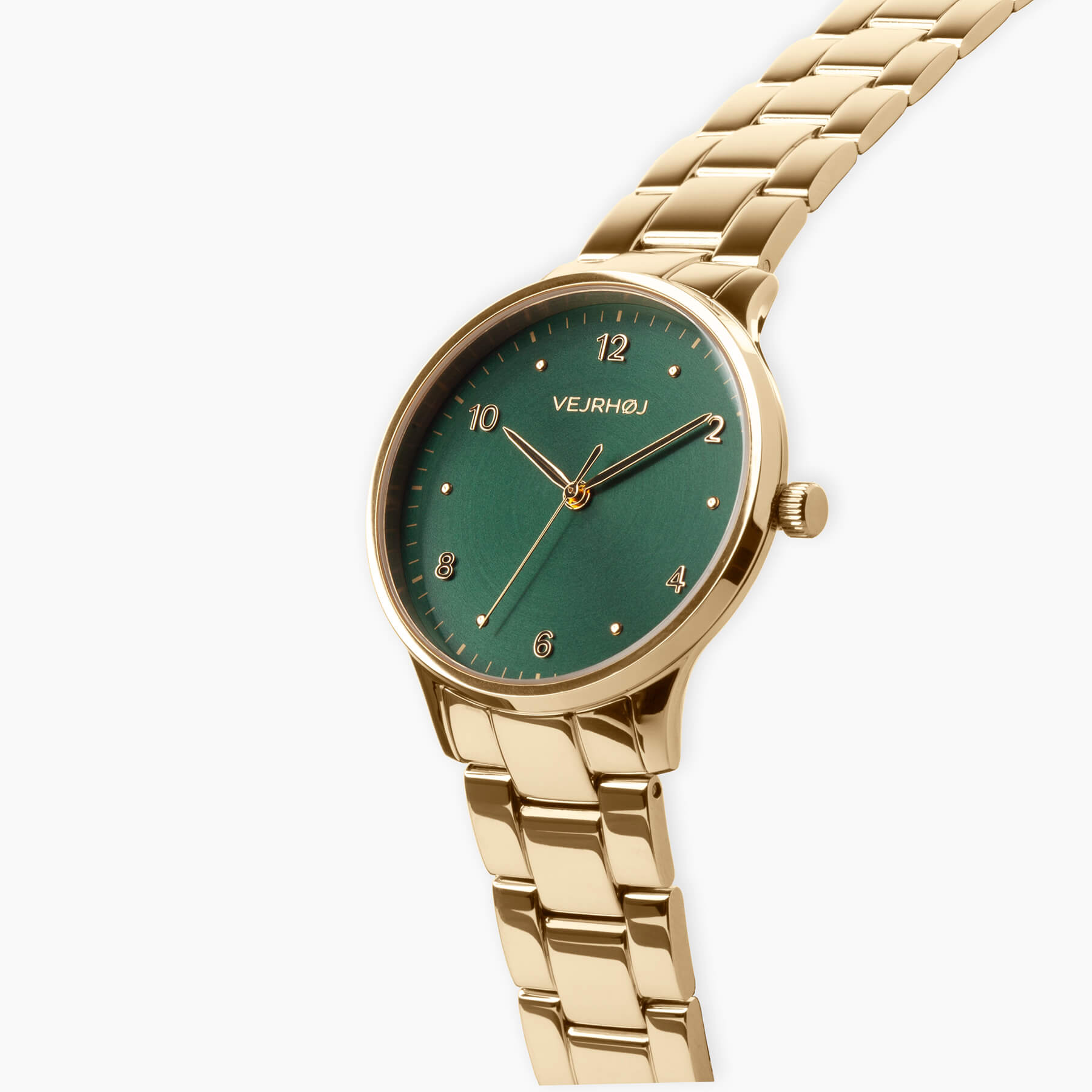 VEJRHØJ's Petite Royal Green, a ladies' model with a circular hairline dark green dial and gold case