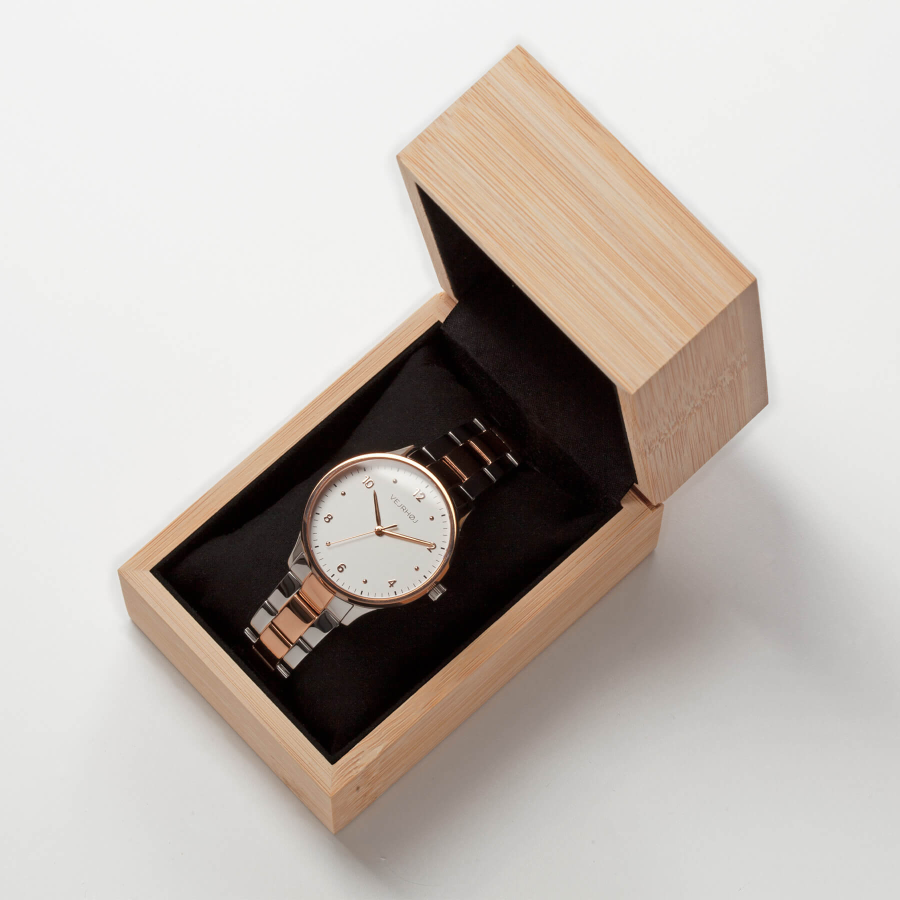 VEJRHØJ Petite Royal Rose, minimalist design combination color watch in eco-friendly bamboo packaging