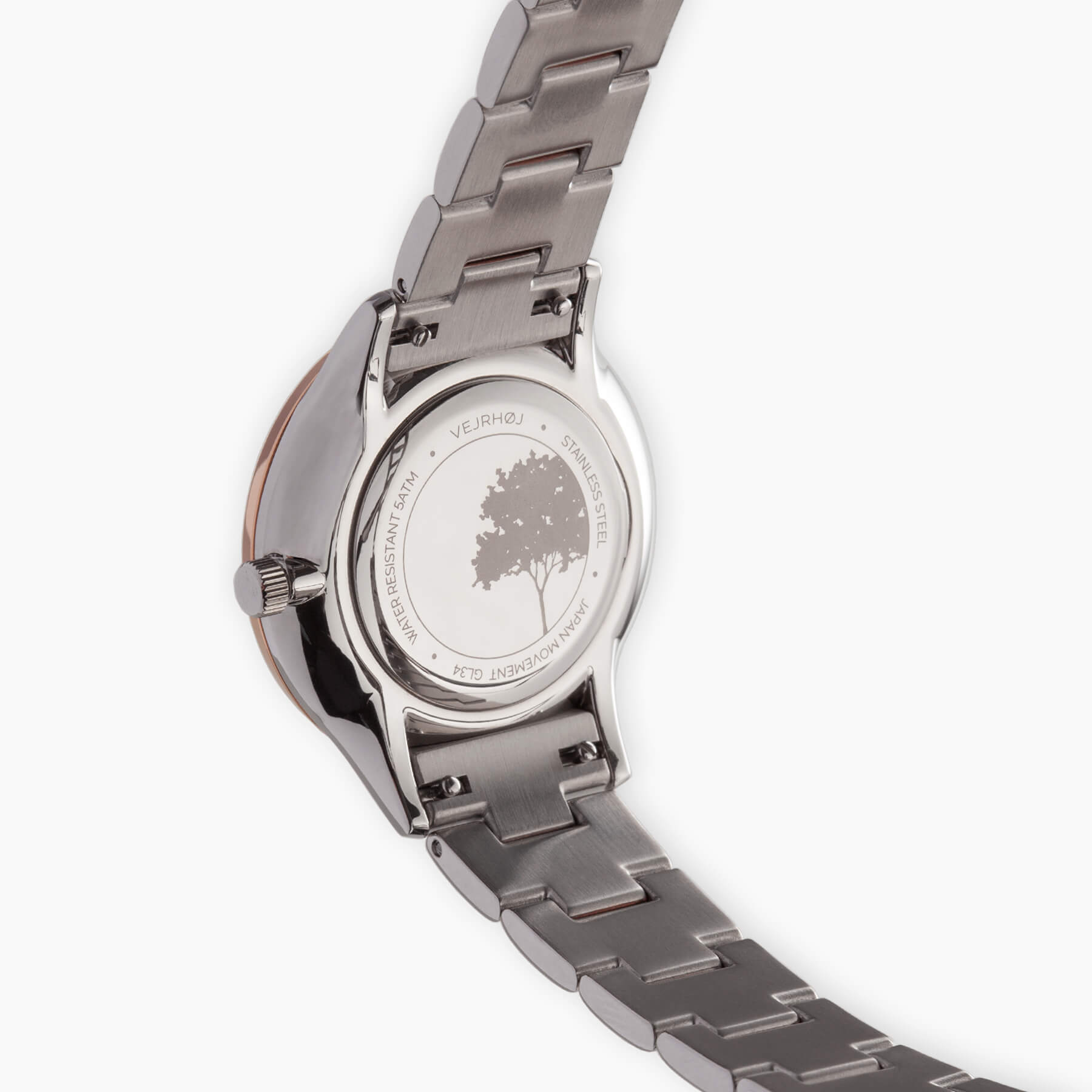 VEJRHØJ's Petite Royal Rose, a tree engraved back and two-tone bracelet junction that symbolizes our connection to nature