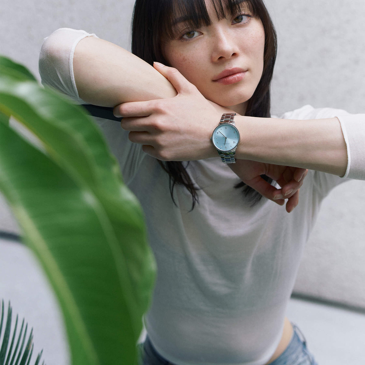VEJRHØJ women's watch Petite Royal Blue, worn naturally with a casual white top