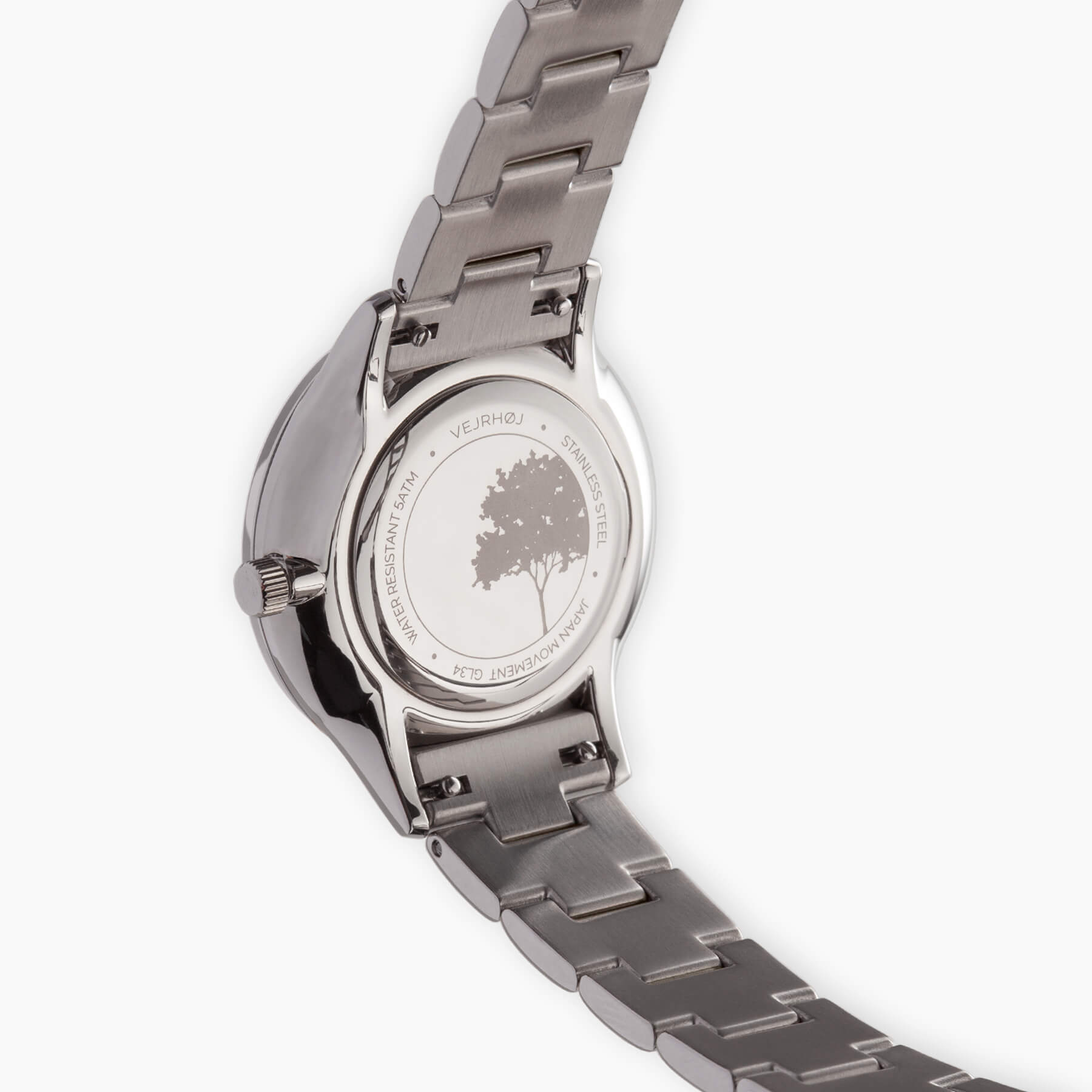 VEJRHØJ Petite Royal Blue back cover, stainless steel caseback detail with engraved brand symbol tree